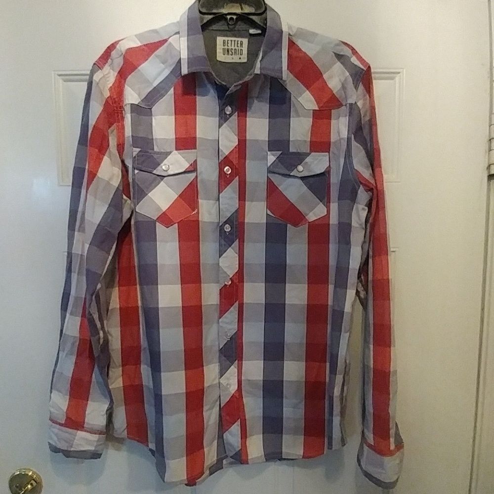 Better Unsaid Red and Blue Plaid‎ Button Front Long Sleeve Shirt